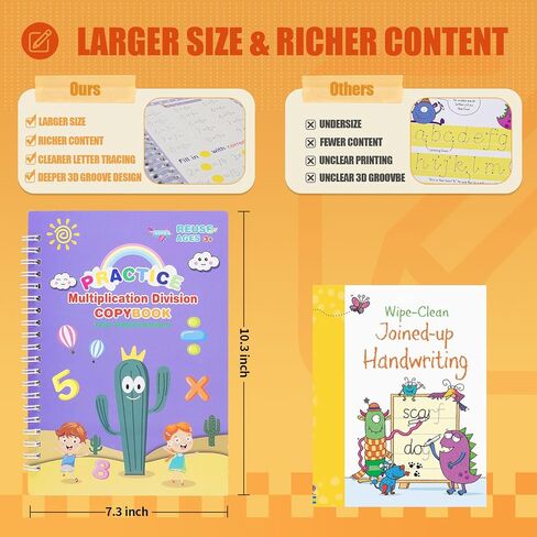 Magic Resulable Copybook للأطفال ، ممارسة كتاب بخط اليد ، مجموعة الكتابة القابلة لإعادة الاستخدام مع حقيبة تخزين لأطفال ما قبل المدرسة الذين تتراوح أعمارهم بين 3-8 خط من الخط (5pcs 7.3 * 10.3inch) in Kuwait