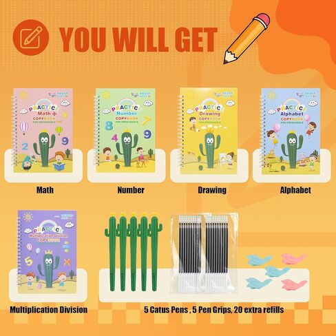 Magic Resulable Copybook للأطفال ، ممارسة كتاب بخط اليد ، مجموعة الكتابة القابلة لإعادة الاستخدام مع حقيبة تخزين لأطفال ما قبل المدرسة الذين تتراوح أعمارهم بين 3-8 خط من الخط (5pcs 7.3 * 10.3inch) in Kuwait