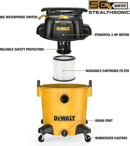 DeWalt 10 Gallon 5.0 Peak HP Stealthsonic Shop Vacuum Wit and Dry ، VAC الجاف الهادئ تمامًا ، مثالي لموقع العمل ، المرآب ، السيارات وورشة DXV10P-QT مع مرفقات وشفط قوي ، تنظيف محمول in Saudi Arabia