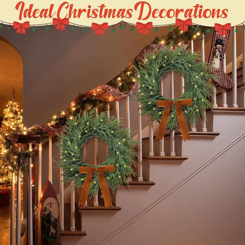 2 جهاز كمبيوتر شخصى تضيء عيد الميلاد نورفولك اكاليل الصنوبر مع القوس 20 بوصة مضاءة لمسة حقيقية اكاليل عيد الميلاد قبل مضاءة LED اكليلا من الزهور الاصطناعية واقعية للداخلية في الهواء الطلق ويندوز الشرفة جدار ديكور المنزل in Kuwait