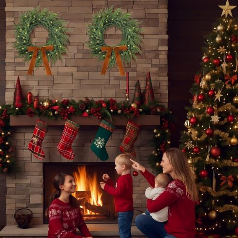 2 جهاز كمبيوتر شخصى تضيء عيد الميلاد نورفولك اكاليل الصنوبر مع القوس 20 بوصة مضاءة لمسة حقيقية اكاليل عيد الميلاد قبل مضاءة LED اكليلا من الزهور الاصطناعية واقعية للداخلية في الهواء الطلق ويندوز الشرفة جدار ديكور المنزل in Kuwait