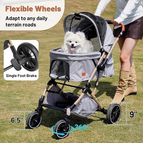 EchoSmile Small Medium Dogs Stroller 4-Wheel Pet Strollers for Medium Dogs Up to 50lbs, One Click Folding Large Cat Stroller, Reversible Handle, Shock Absorbing Wheels, Removable Washable Pad in Saudi Arabia