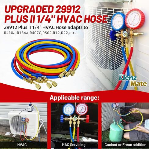 Upgraded 29988 Plus II 1/4" HVAC Hose, 8FT(96"), Compact Ball Valve Refrigerant Hose, Standard 1/4" Flare Fittings for Common Refrigerants such as R410a R134a R22, Red/Yellow/Blue (Pack of 3) in Kuwait