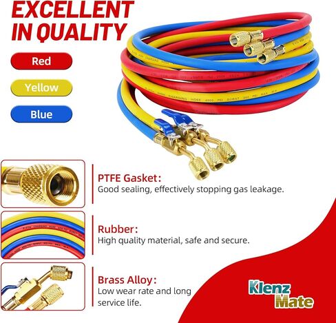Upgraded 29988 Plus II 1/4" HVAC Hose, 8FT(96"), Compact Ball Valve Refrigerant Hose, Standard 1/4" Flare Fittings for Common Refrigerants such as R410a R134a R22, Red/Yellow/Blue (Pack of 3) in Kuwait