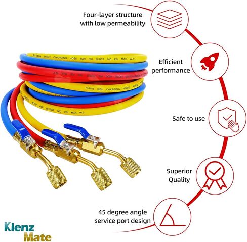 Upgraded 29988 Plus II 1/4" HVAC Hose, 8FT(96"), Compact Ball Valve Refrigerant Hose, Standard 1/4" Flare Fittings for Common Refrigerants such as R410a R134a R22, Red/Yellow/Blue (Pack of 3) in Kuwait
