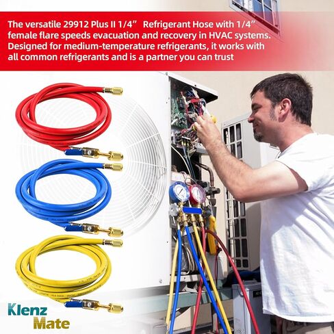 Upgraded 29988 Plus II 1/4" HVAC Hose, 8FT(96"), Compact Ball Valve Refrigerant Hose, Standard 1/4" Flare Fittings for Common Refrigerants such as R410a R134a R22, Red/Yellow/Blue (Pack of 3) in Kuwait