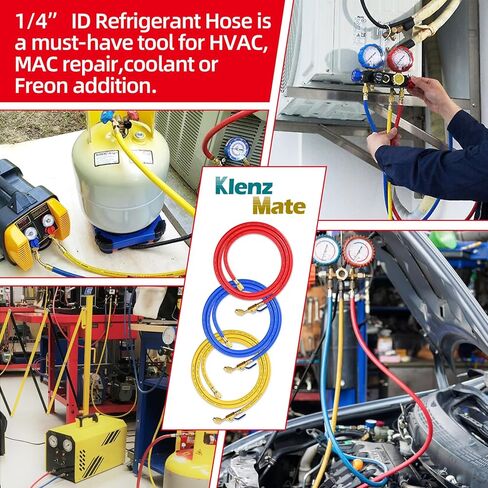 Upgraded 29988 Plus II 1/4" HVAC Hose, 8FT(96"), Compact Ball Valve Refrigerant Hose, Standard 1/4" Flare Fittings for Common Refrigerants such as R410a R134a R22, Red/Yellow/Blue (Pack of 3) in Kuwait