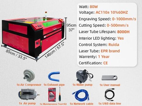 80W CO2 محفور ليزر مع خزان المياه المدمج في الهواء/6L ، مساحة عمل متوافقة مع LightBurn مع FightBurn مع مؤشر RDWORKS الرقمي/النقطة الحمراء لزجاج الأكريليك الخشبي والمزيد in Kuwait