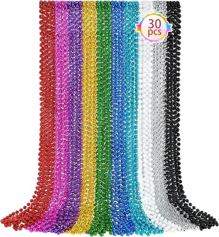 SHAOQINLIN 30 PCS White Bead Necklaces, 33" White Mardi Gras Christmas Beads Necklace, 4th of July Necklaces, Parade Throws Accessories for Christmas Independence Day New Year Party Favors in Kuwait