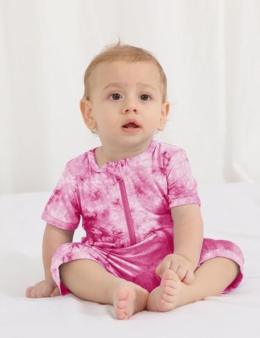 Jimonda Baby Bamboo Viscose Tie Dye Rompers للفتيات/الأولاد 3 قطع Pjs | شورت فيسكوز ناعم ممتاز، صديق للبشرة، للنوم واللعب، مسامي، مريح، أكمام قصيرة صيفية، ملابس نوم بدون قدم in Kuwait
