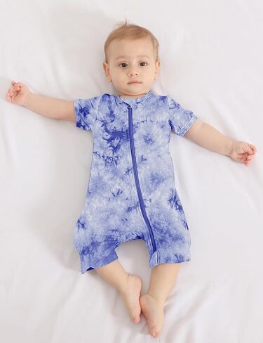 Jimonda Baby Bamboo Viscose Tie Dye Rompers للفتيات/الأولاد 3 قطع Pjs | شورت فيسكوز ناعم ممتاز، صديق للبشرة، للنوم واللعب، مسامي، مريح، أكمام قصيرة صيفية، ملابس نوم بدون قدم in Kuwait