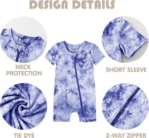 Jimonda Baby Bamboo Viscose Tie Dye Rompers للفتيات/الأولاد 3 قطع Pjs | شورت فيسكوز ناعم ممتاز، صديق للبشرة، للنوم واللعب، مسامي، مريح، أكمام قصيرة صيفية، ملابس نوم بدون قدم in Kuwait