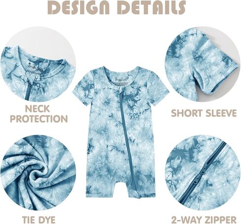 Jimonda Baby Girl Boys Rayon From Bamboo Pajamas 3 Pack Short Sleeve Footless Romper 2 Way Zipper Tie Dye Pjs Sleeper 0-24M in Kuwait