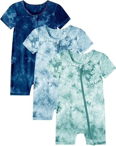 Jimonda Baby Girl Boys Rayon From Bamboo Pajamas 3 Pack Short Sleeve Footless Romper 2 Way Zipper Tie Dye Pjs Sleeper 0-24M in Kuwait