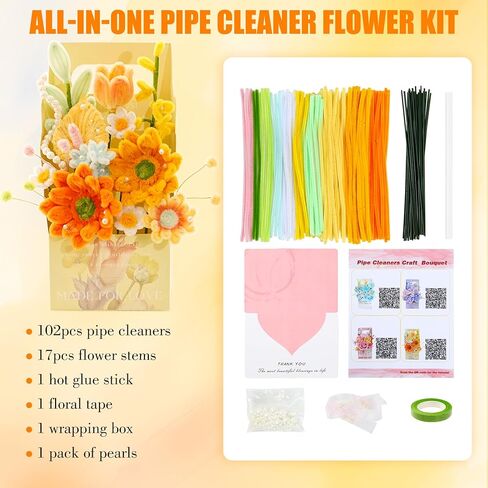 ERNTRNL Pipe Cleaners Craft - Pipe Cleaners Flower, Pipe Cleaner Flower Kit, DIY Pipe Cleaner Bouquet Supply Kit for Craft Art Project Activity, Birthday Mother’s Day Graduations Anniversaries Gifts in Kuwait