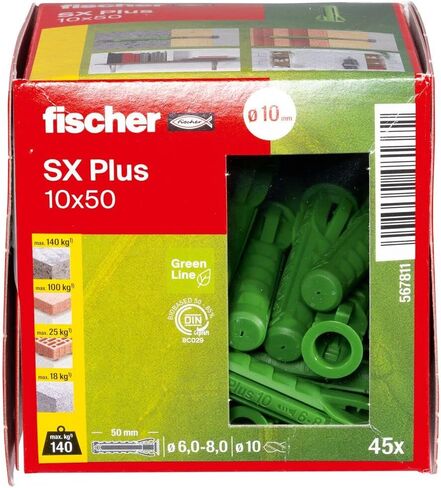 Fischer 567810 التوسع SX Plus Green 8 × 65 ، مربع من 45 من الأدوات التي تميل مستدامة ، مصنوعة من مواد خام متجددة ، الحجز الأمثل ، الخرسانة الصلبة ، الطوب المثقبة ، والكثير ، Greenline in Saudi Arabia