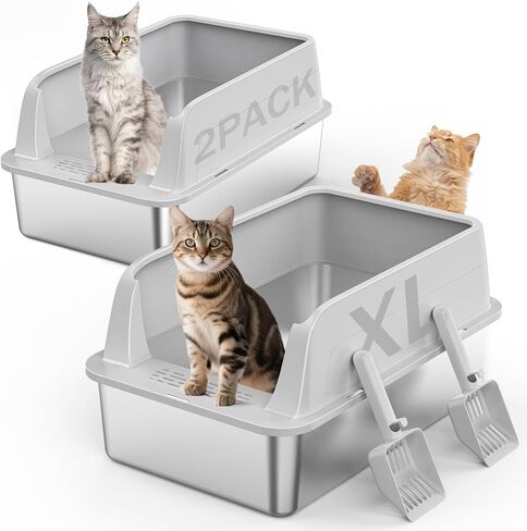 2pack 2pack الفولاذ المقاوم للصدأ الفولاذ المقاوم للصدأ ، صناديق فضلات كبيرة إضافية للقطط الكبيرة ، صندوق القمامة المعدني XL مع الجوانب العالية الغطاء ، تسرب مكافحة الأركان ، غير مكره ، مغرفة مشمولة in Kuwait