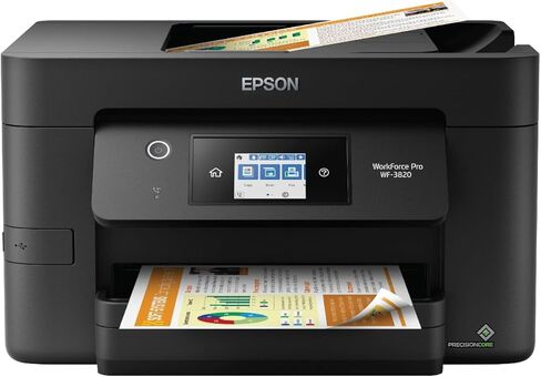 طابعة Epson Workforce Pro WF-3820 الكل في واحد لاسلكية نافثة للحبر ملونة، أسود - طباعة مسح ضوئي وفاكس - شاشة لمس 2.7 بوصة، 21 صفحة في الدقيقة، 4800 × 2400 نقطة في البوصة، 8.5 × 14، طباعة تلقائية على الوجهين، 35 ورقة ADF، إيثرنت in Saudi Arabia