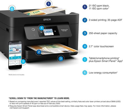 طابعة Epson Workforce Pro WF-3820 الكل في واحد لاسلكية نافثة للحبر ملونة، أسود - طباعة مسح ضوئي وفاكس - شاشة لمس 2.7 بوصة، 21 صفحة في الدقيقة، 4800 × 2400 نقطة في البوصة، 8.5 × 14، طباعة تلقائية على الوجهين، 35 ورقة ADF، إيثرنت in Saudi Arabia