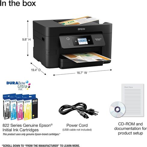 طابعة Epson Workforce Pro WF-3820 الكل في واحد لاسلكية نافثة للحبر ملونة، أسود - طباعة مسح ضوئي وفاكس - شاشة لمس 2.7 بوصة، 21 صفحة في الدقيقة، 4800 × 2400 نقطة في البوصة، 8.5 × 14، طباعة تلقائية على الوجهين، 35 ورقة ADF، إيثرنت in Saudi Arabia