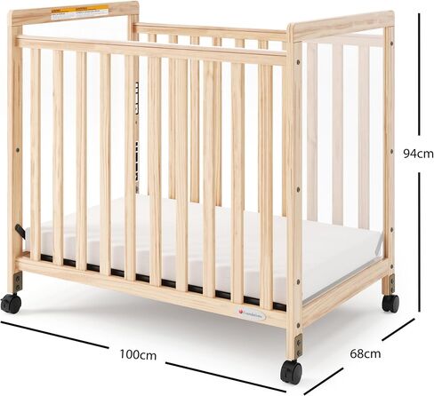 Foundations SafetyCraft Compact Slatted Daycare Crib, Durable Wood Construction, Non-Marking Casters (2 Locking), Includes 3" InfaPure Foam Mattress (Natural) in Kuwait