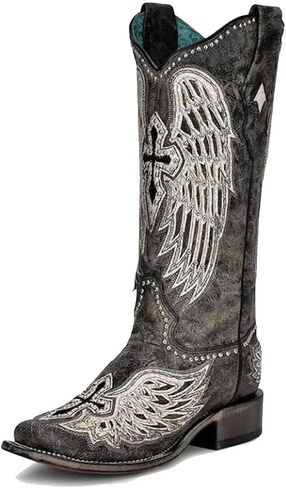 CORRAL LADIE'S BLACK CROSS & WINGS OVERLAY & EMBROIDERY & STUDS SQ. TOE, LEATHER SOLE, WESTERN A4243 in Saudi Arabia