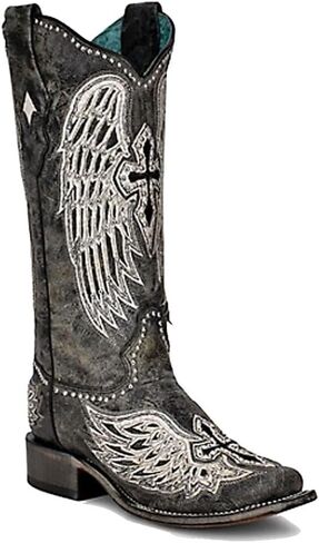 CORRAL LADIE'S BLACK CROSS & WINGS OVERLAY & EMBROIDERY & STUDS SQ. TOE, LEATHER SOLE, WESTERN A4243 in Saudi Arabia