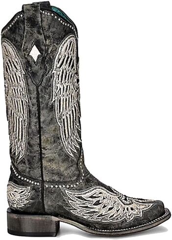 CORRAL LADIE'S BLACK CROSS & WINGS OVERLAY & EMBROIDERY & STUDS SQ. TOE, LEATHER SOLE, WESTERN A4243 in Saudi Arabia