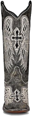 CORRAL LADIE'S BLACK CROSS & WINGS OVERLAY & EMBROIDERY & STUDS SQ. TOE, LEATHER SOLE, WESTERN A4243 in Saudi Arabia