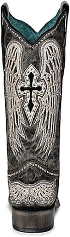 CORRAL LADIE'S BLACK CROSS & WINGS OVERLAY & EMBROIDERY & STUDS SQ. TOE, LEATHER SOLE, WESTERN A4243 in Saudi Arabia