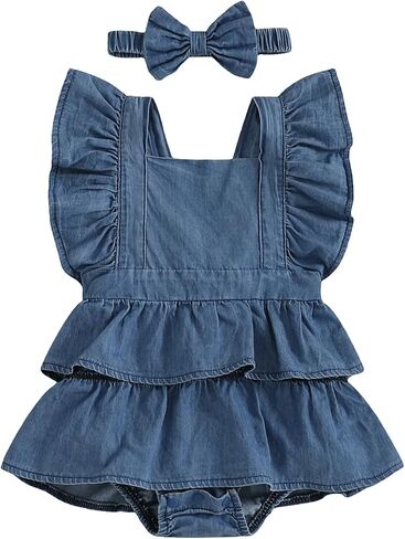 Douhoow Baby Girl Denim Romper Ruffle Flowers Embroidery Baby Girl Romper with Headband Infant Girl Summer Clothes in Kuwait