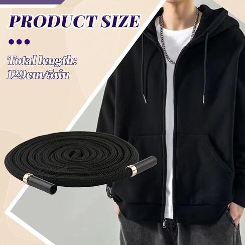 WALWAL 1 Pack 51 Inch Replacement Drawstrings Cotton Drawstring Cord, Suitable for Sweatpants Hoodies Shorts(Black Flat Rope,Metal Head) in Kuwait
