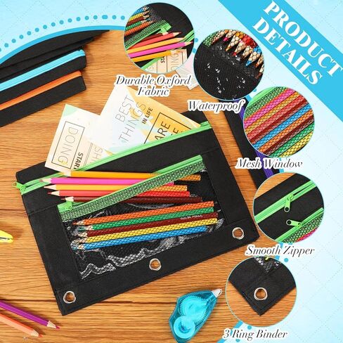Zhehao 200 PCS Pencil Pouches for 3 Ring Binder ، Slk Zipper Pencil Pouch Case with Mesh Window Cloth Double Pocket 3 Hole Bag لتخزين لوازم المكاتب المدرسية in Saudi Arabia