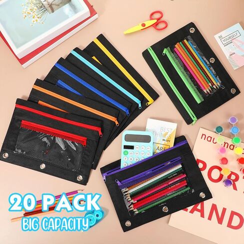 Zhehao 200 PCS Pencil Pouches for 3 Ring Binder ، Slk Zipper Pencil Pouch Case with Mesh Window Cloth Double Pocket 3 Hole Bag لتخزين لوازم المكاتب المدرسية in Saudi Arabia
