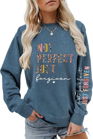 Not Perfect Just Forgiven Christian Graphic Sweatshirt For Women, Inspirational Bible Verse Long Sleeve Tops in Saudi Arabia