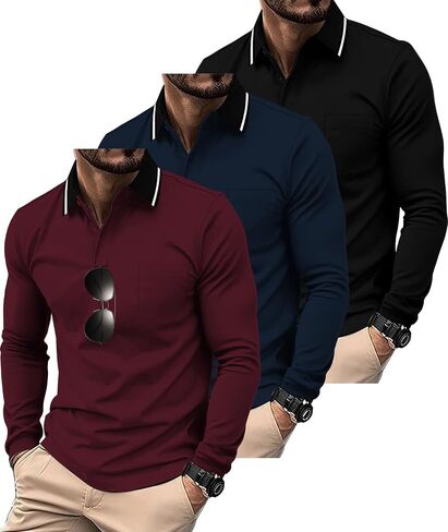 Zity 3 Pack Men Polo قمصان طويلة بأكمام طويلة مع قمصان الجولف جيب للرجال عمل غير رسمي قمصان رياضية in Saudi Arabia