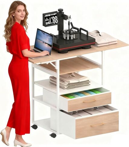 Movable Heat Press Table with Pull-Out Tray, 4 Tier Foldable Heat Press Stand with Drawers - Heat Press Stand with Wheels for Easy Mobility, Heavy Duty Rolling Cart with Wheels and Storage(Brown) in Saudi Arabia