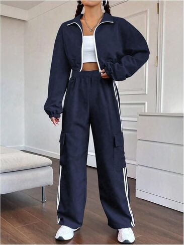 SHENHE Girl's Cargo Pants Wide Leg Side Stripe Baggy Track Pants Workout Athletic Trousers in Saudi Arabia