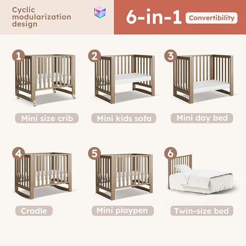 EvoNest Baby Crib, 6 in 1 Convertible Mini Crib with Wheels, 100% New Zealand Pinewood Growing Bed, 4 Adjustable Mattress Height， White in Kuwait