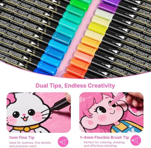 Tongfushop 72 Colors Acrylic Paint Markers, Dual Tip Acrylic Paint Pens with Brush Tip & Fine Tip, Wood Markers for Rock Painting, Wood, Canvas, Stone, Glass, Ceramic, DIY Crafts, Art Supplies in Saudi Arabia