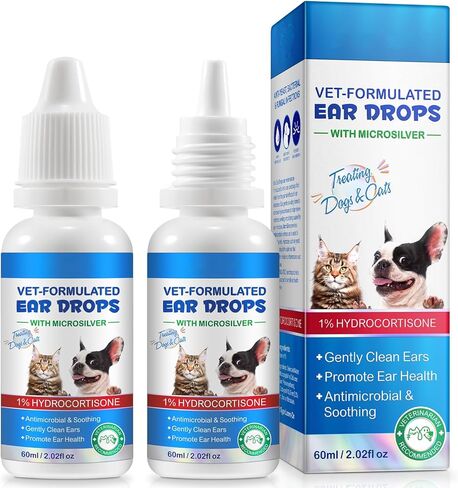 Cat & Dog Ear Infection Treatment Drops - with 1% Hydrocortisone for Yeast & Bacterial Ear Infections, Itchy Ear Relief, Prevents Inflammation - Ear Cleaner for Dogs & Cats - 2 fl oz in Kuwait