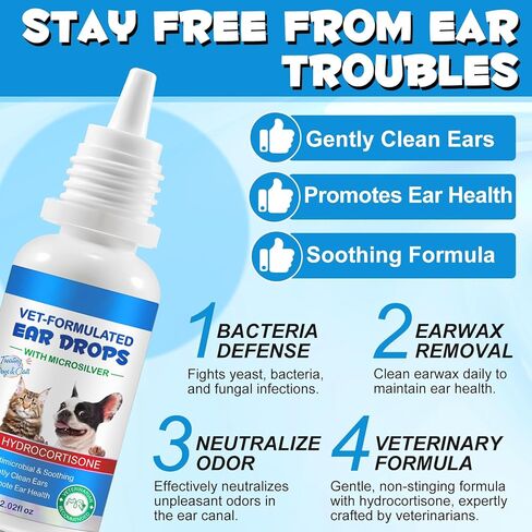Cat & Dog Ear Infection Treatment Drops - with 1% Hydrocortisone for Yeast & Bacterial Ear Infections, Itchy Ear Relief, Prevents Inflammation - Ear Cleaner for Dogs & Cats - 2 fl oz in Kuwait