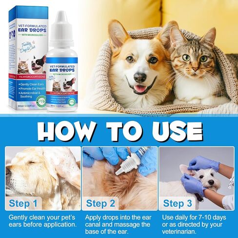 Cat & Dog Ear Infection Treatment Drops - with 1% Hydrocortisone for Yeast & Bacterial Ear Infections, Itchy Ear Relief, Prevents Inflammation - Ear Cleaner for Dogs & Cats - 2 fl oz in Kuwait