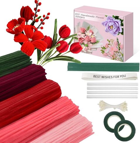 500 PCS أنابيب منظفات الحرف ， 5 ألوان منظفات الأنابيب بالجملة ، تشنيل سيقان مجموعة الحرف الزهور لزخارف باقة يدوية مصنوعة يدويًا أشرطة بيضاء ， السيقان ، الشريط ， Stamens ، عصي الغراء (الوردي) in Kuwait