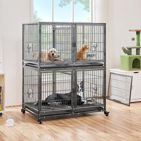 Yaheetech Stackable Dog Crate 42'' Heavy Duty Large Dog Crate with Divider 4pcs Rolling Pet Metal Crate w/Double Doo Water Bowl Pet Kennel Indoor in Saudi Arabia