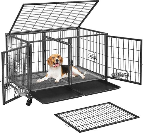 Yaheetech Stackable Dog Crate 42'' Heavy Duty Large Dog Crate with Divider 4pcs Rolling Pet Metal Crate w/Double Doo Water Bowl Pet Kennel Indoor in Saudi Arabia