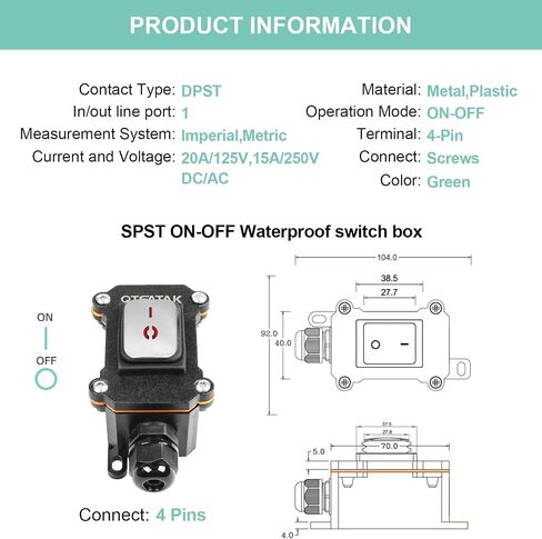 QTeatak مفتاح الحبل المضمن DPST 4Pins AC/DC 20A-125V ، 16A-250V ، 30A-24V ، 35A-12V ، IP66 مقاوم للماء ، لوحة مملوءة بالماء ، لوحة من الفولاذ المقاوم المقاوم للصدأ ، مبتاح بدء تشغيل كهربائي في الهواء الطلق ، in Kuwait