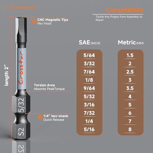 Crosstar 4" Long Hex Bit Set 20PCS (Metric & SAE) - Impact Allen Wrench Drill Bit Set, S2 Steel 1/4" Hex-Shank, CNC Machined Tips with Magnetic Head, Storage Box & FREE Magnetizer in Saudi Arabia