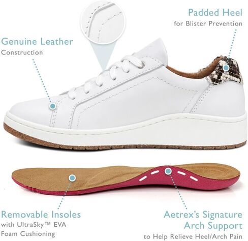 Aetrex Women's Leather Leather Arch Support Support Orthepedic Sneakers - حذاء محايد قابل للتعديل يصل إلى أحذية رياضية خفيفة الوزن غير رسمية للنساء in Saudi Arabia