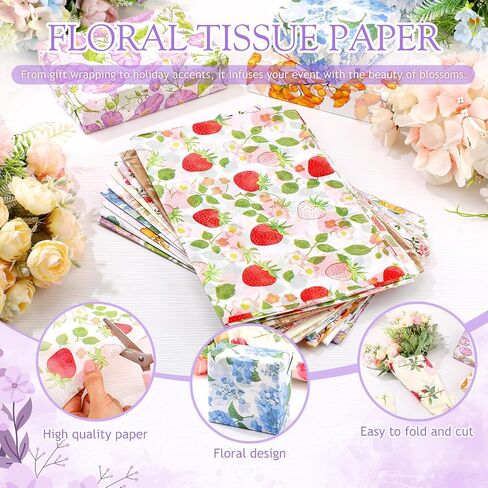Honoson 90 Sheets Floral Tissue Paper Flower Gift Watercolor Wrapping Flower Printed DIY Art Craft Paper Bulk for Wedding Bridal Shower Birthday Party Favor Supplies Decor, 19.7 x 13.8 Inch in Kuwait